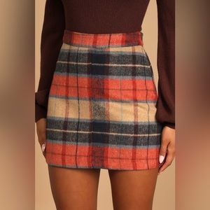 LuLu’s Beige/Navy/Orange Plaid Mini Skirt- NWT Large